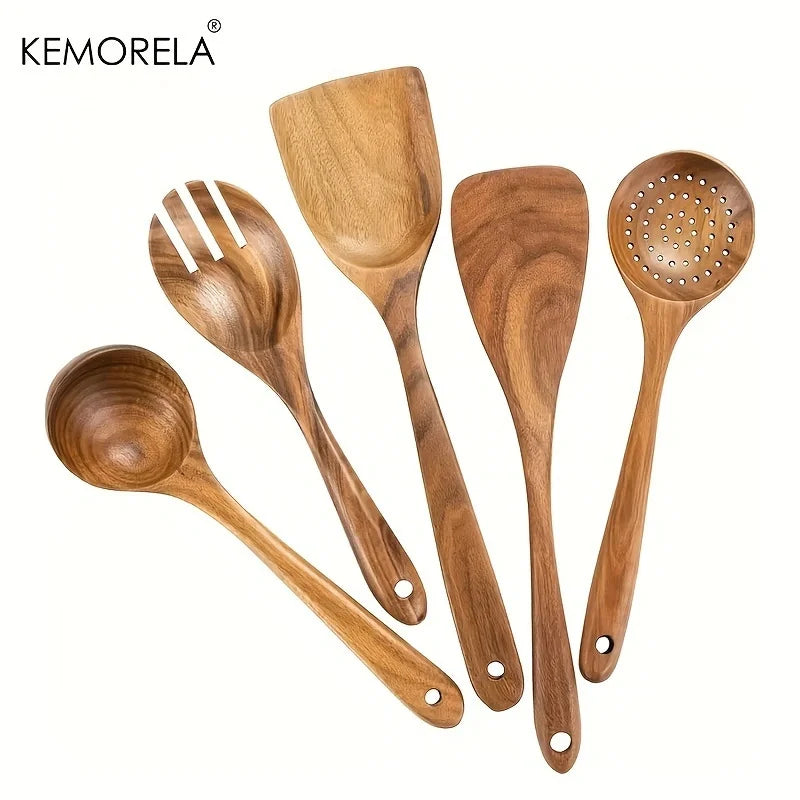 5-Piece Natural Wooden Cookware Set – Spoons, Spatula & Skimmer Wooden Kitchen Utensils Axl