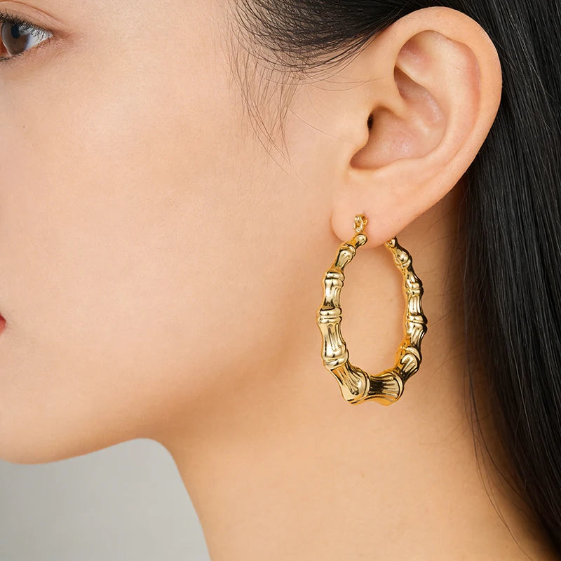 Huitan Gold Bamboo Hoop Earrings – Large Geometric Statement Hoop Earrings Axl