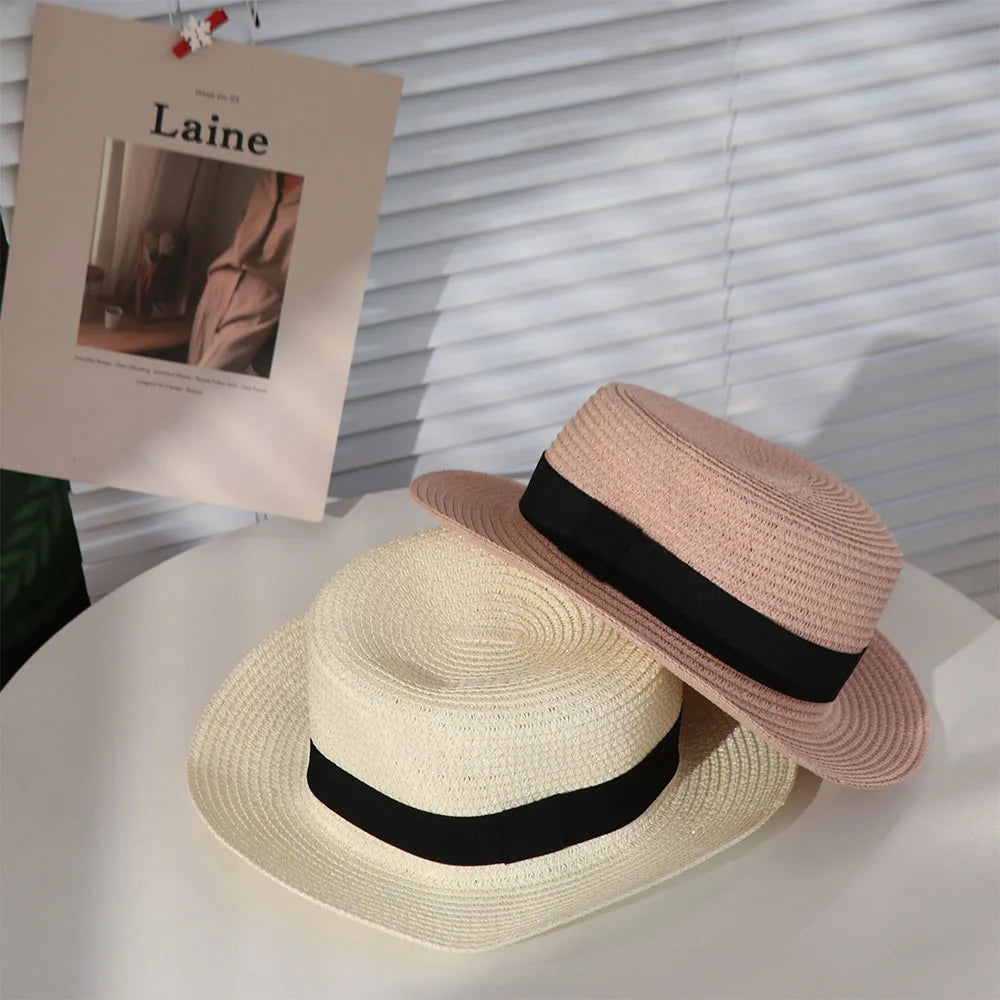 French Flat Top Straw Sun Hat – Unisex Beach & Vacation Cap Straw Sun Hat Axl
