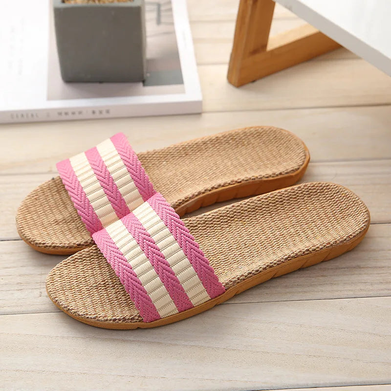 Striped Linen Slippers – Non-Slip EVA Breathable Indoor Sandals Linen Indoor Slippers Axl pink 37-38