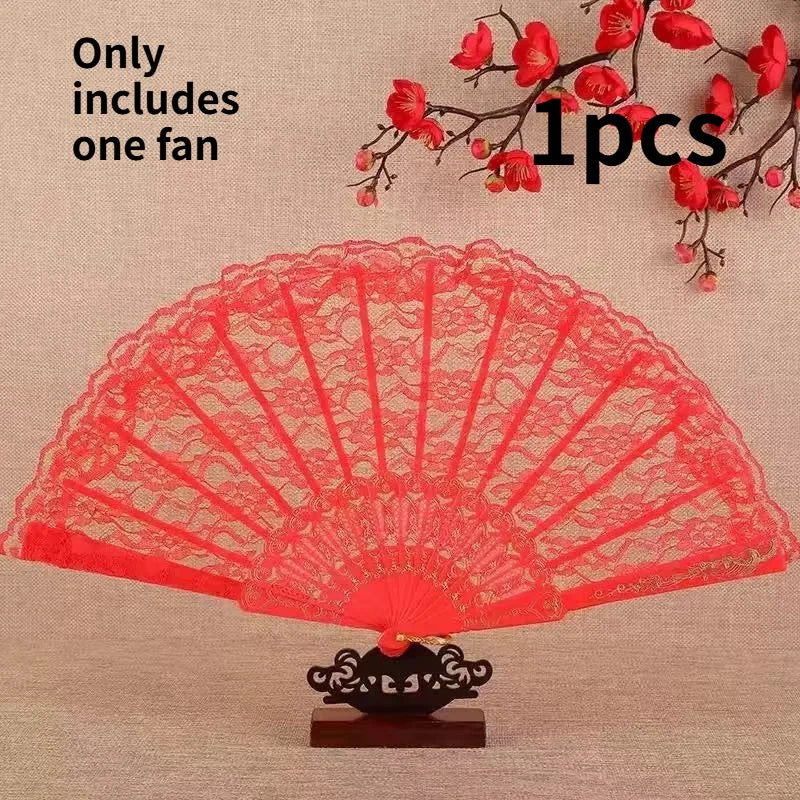Vintage Lace Folding Fan – Chinese Japanese Art Decor Gift Decorative Folding Fan Axl Red-1pcs