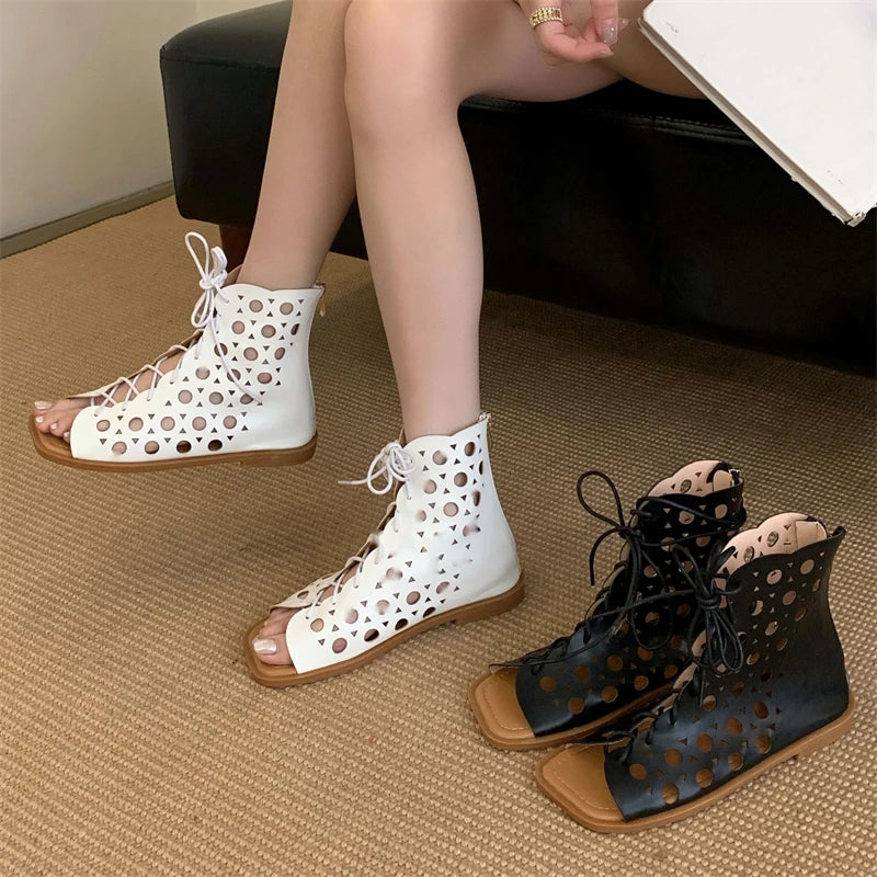 Women's Hollow Out Flat Gladiator Sandal Boots | Peep Toe Zip Gladiator Sandal Boots Axl