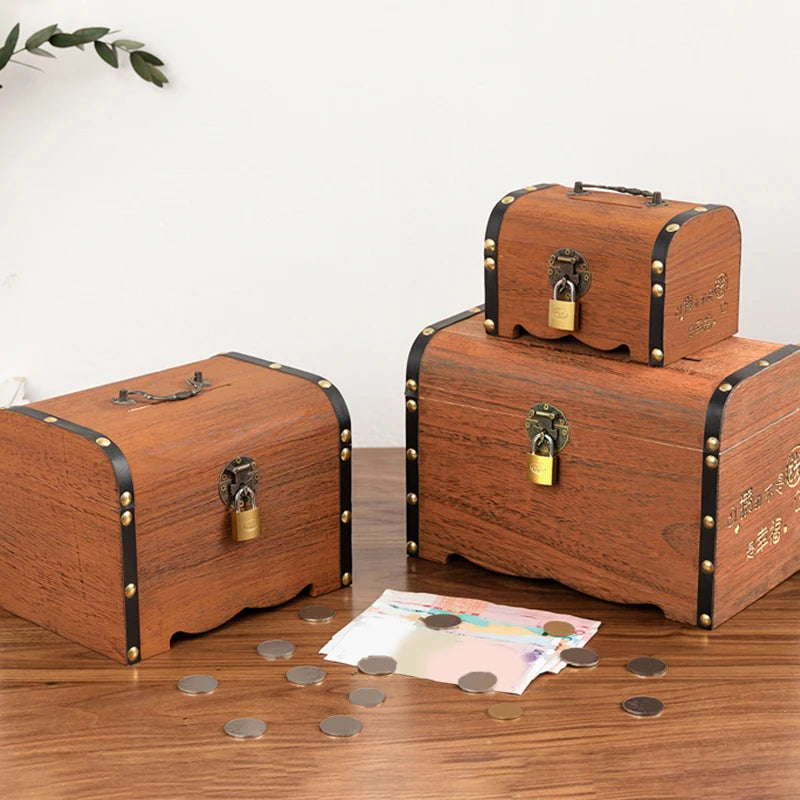 Vintage Wooden Treasure Chest with Lock | Piggy Bank & Decor Decorative Storage Box Axl