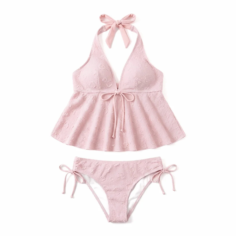 Y2K Halter Neck Bowknot Bikini Set – Two-Piece Swimsuit S–XL Two-Piece Bikini Set Axl Pink L