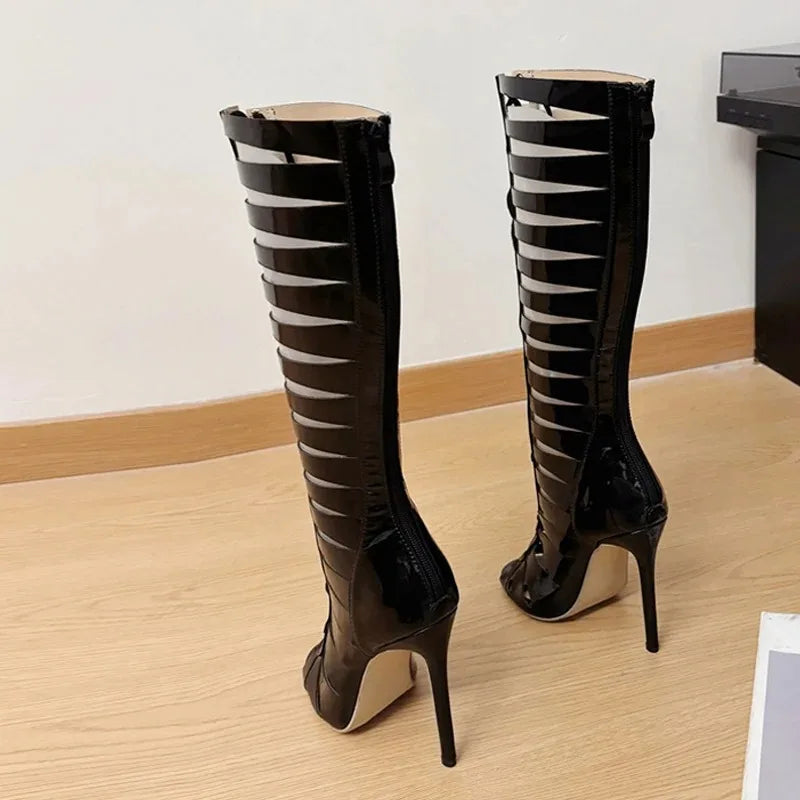 Women's Knee-High Heeled Boot Sandals – Hollow Cross Strap Heeled Boot Sandals Axl