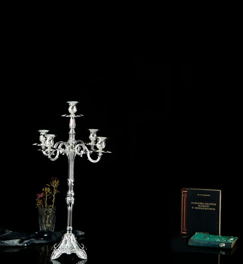 Silver Five-Arm Tall Metal Candle Holder – Wedding Centerpiece Candle Holder Axl 65X40CM