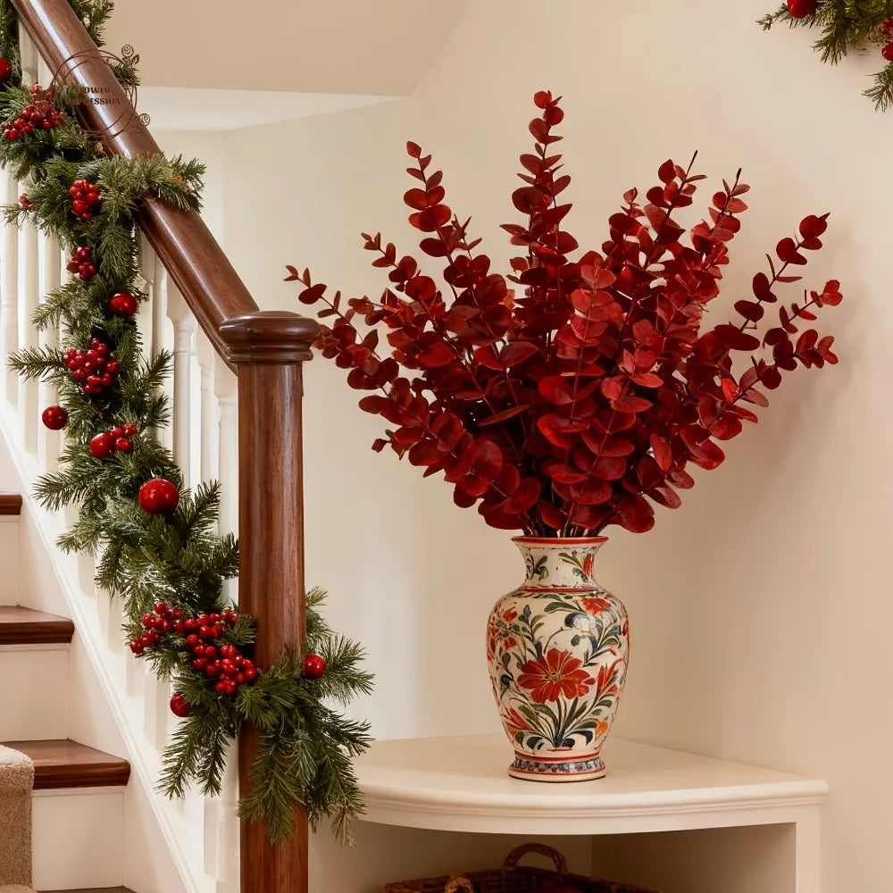 25 Pcs Wine Red Artificial Eucalyptus Branches – Faux Foliage Artificial Plant Stems Axl