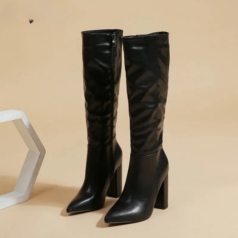 Women's Knee-High Boots | Chunky Heel Pointed Toe Zipper Booties Knee-High Boots Axl