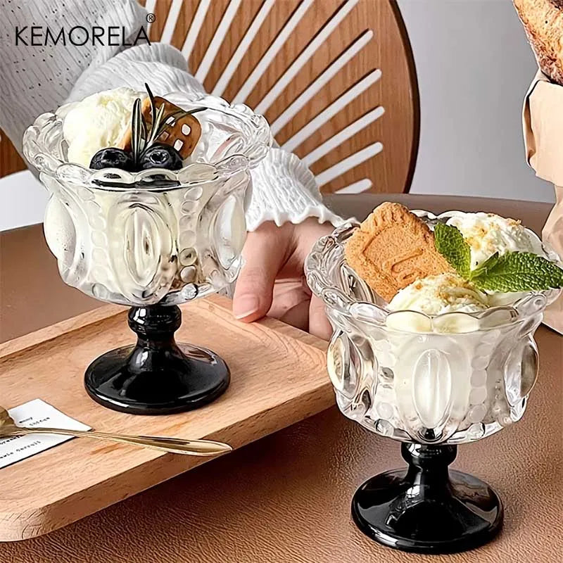 KEMORELA Retro Embossed Tall Glass Goblet – Black Crystal Cup Glass Goblet Set Axl