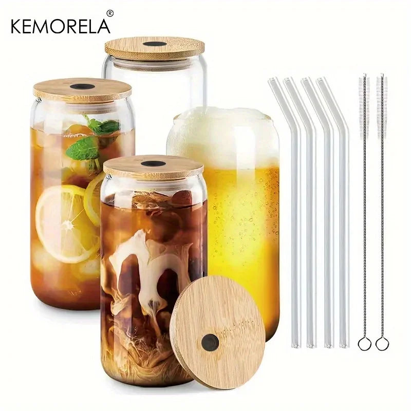 KEMORELA Glass Bubble Tea Cups with Lid & Straw – 1 or 4 Pack Glass Cup Set Axl Transparent-4PCS 400ml