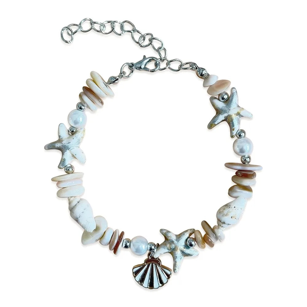 Shell Starfish Pearl Bracelet – Adjustable Beach Bangle for Women Shell Beaded Bracelet Axl Khaki