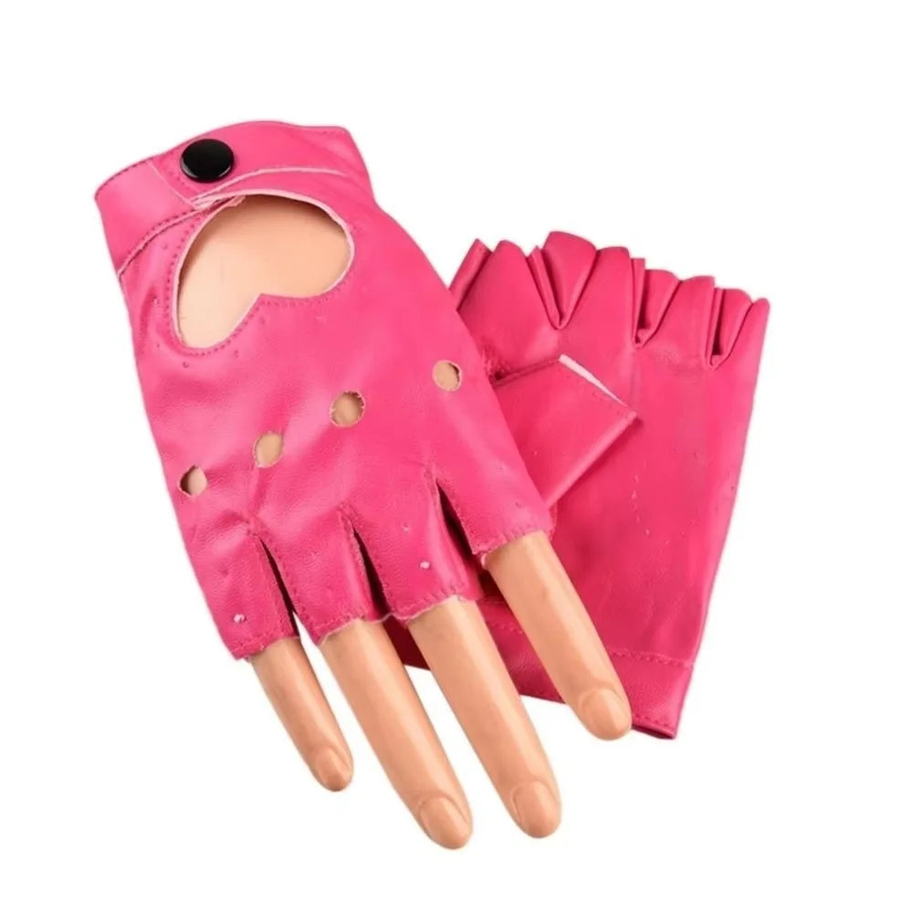 Y2K Punk PU Leather Fingerless Gloves | Heart Hollow Half Finger Fingerless Fashion Gloves Axl Rose Red