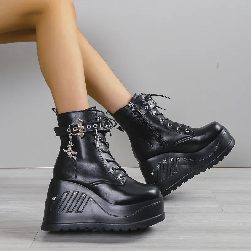 Women's Punk Goth Platform Wedge Ankle Boots | Lace-Up Platform Wedge Boots Axl