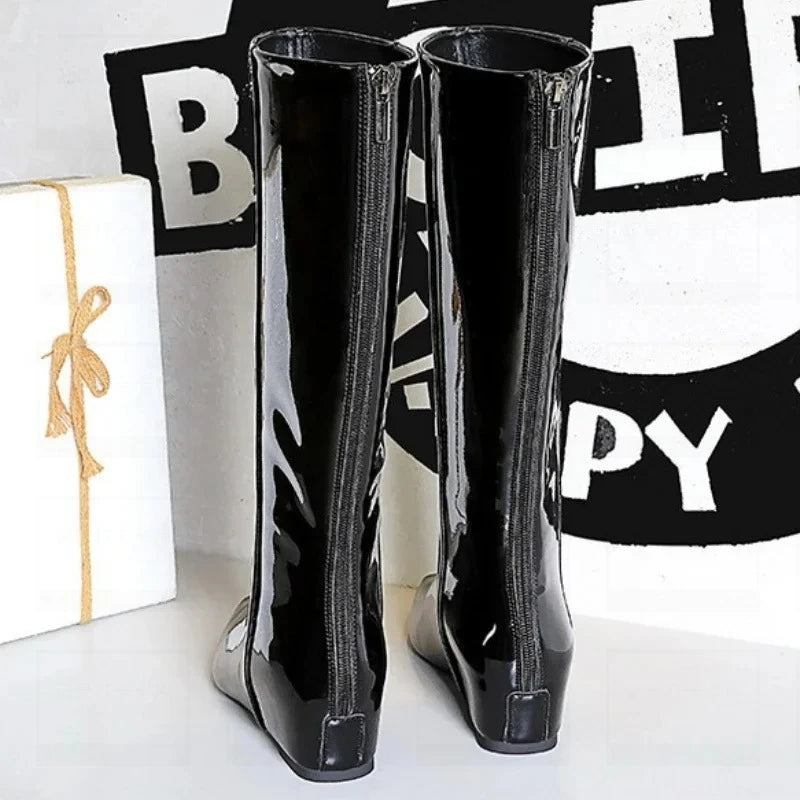 Women's Black Wedge Knee-High Boots – Pointed Toe Patent Leather Wedge Knee-High Boots Axl