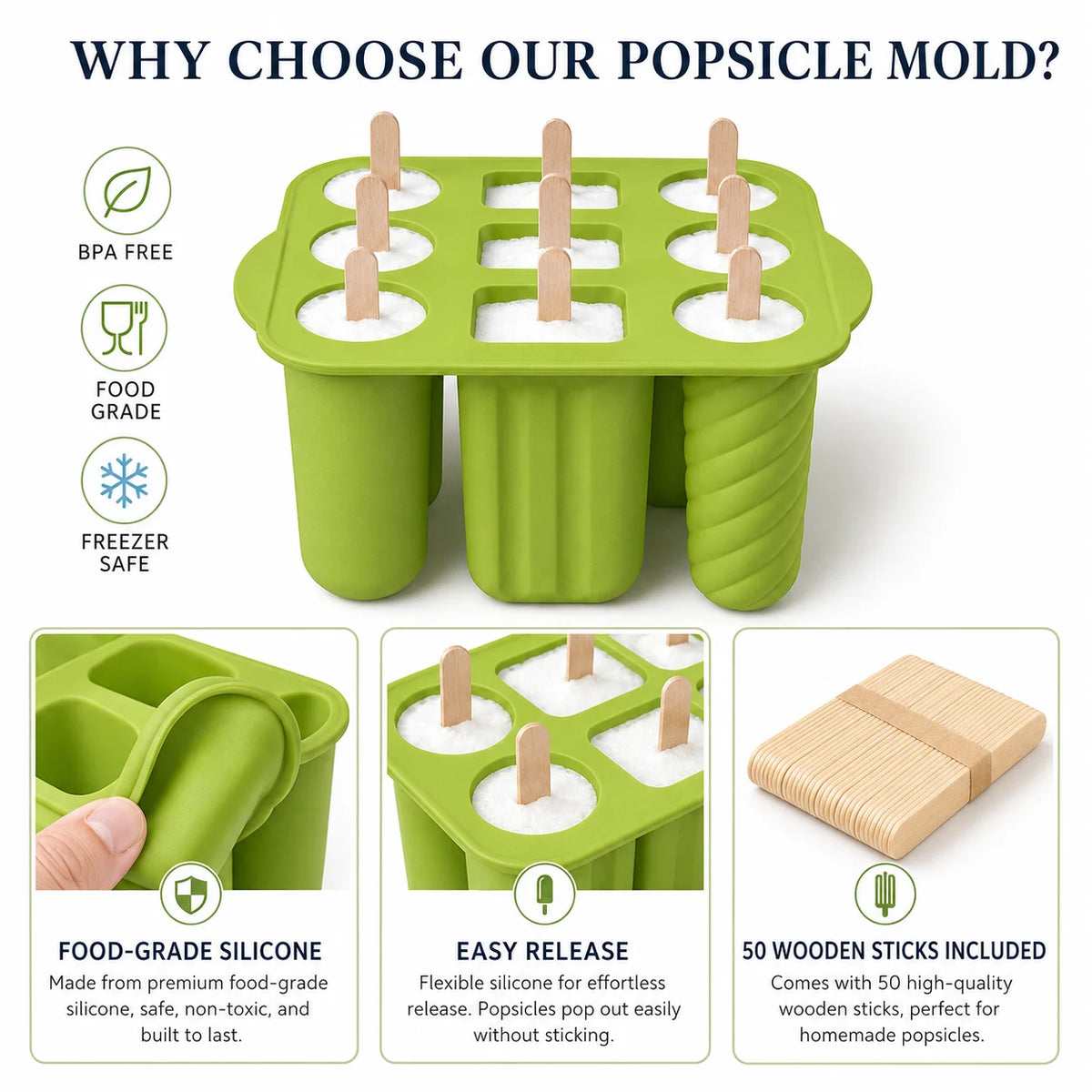 Silicone Popsicle Mold 9/10 Cavity + 50 Wooden Sticks | Ice Pop Popsicle Mold Set Axl