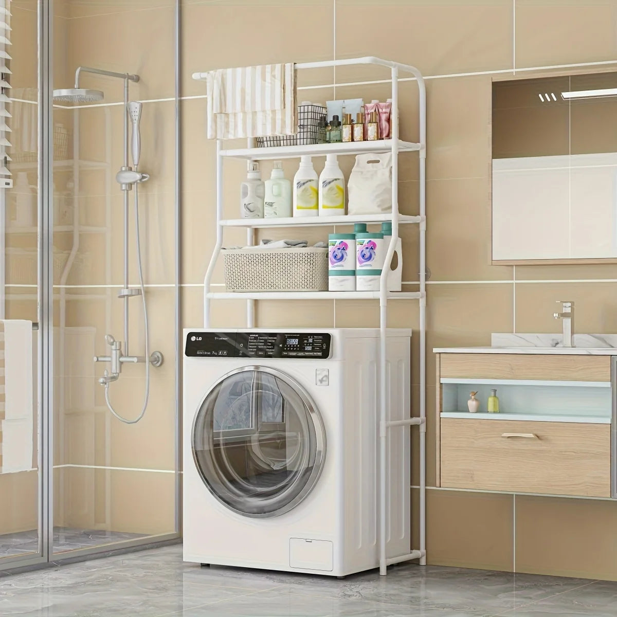 Multi-Layer Bathroom Storage Rack with Toilet Paper Holder Bathroom Storage Rack Axl White-L