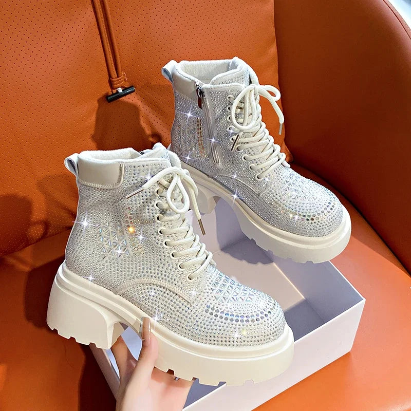 Women's Sequin Diamond Lace-Up Wedge Boots – MCDV Winter Women's Fashion Boots Axl WHITE 35