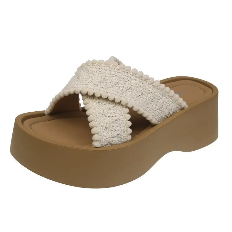 Woven Chunky Platform Sandals – Bohemian Cross-Strap Beach Heels Platform Sandals Axl Creamy-white 35
