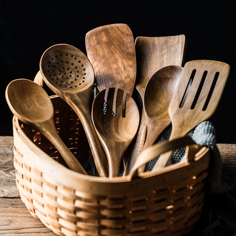 9-Piece Teak Wooden Kitchen Utensils Set with Holder Kitchen Utensil Set Axl