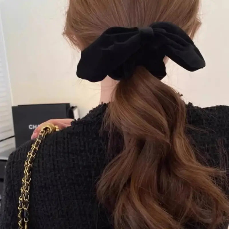 Vintage Black Velvet Bow Hair Scrunchie – Elegant Ponytail Tie Velvet Hair Scrunchie Axl