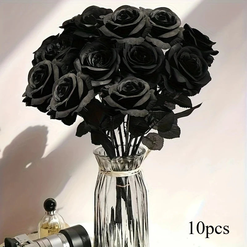 10-Pack Black Artificial Roses Long Stem | Halloween & Wedding Artificial Flowers Axl