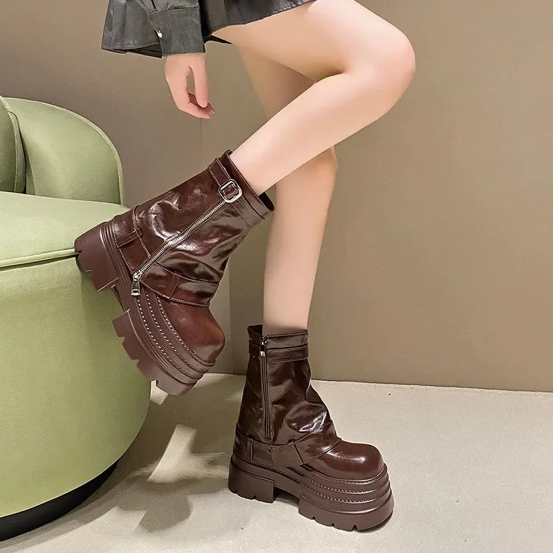 Women's Chunky Platform Ankle Boots 10CM Block Heel Punk Platform Ankle Boots Axl