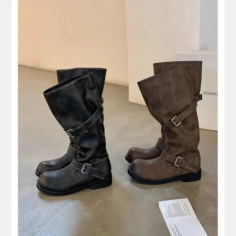 Women's Punk Gothic Platform Knee-High Boots | Buckle Strap Platform Knee-High Boots Axl