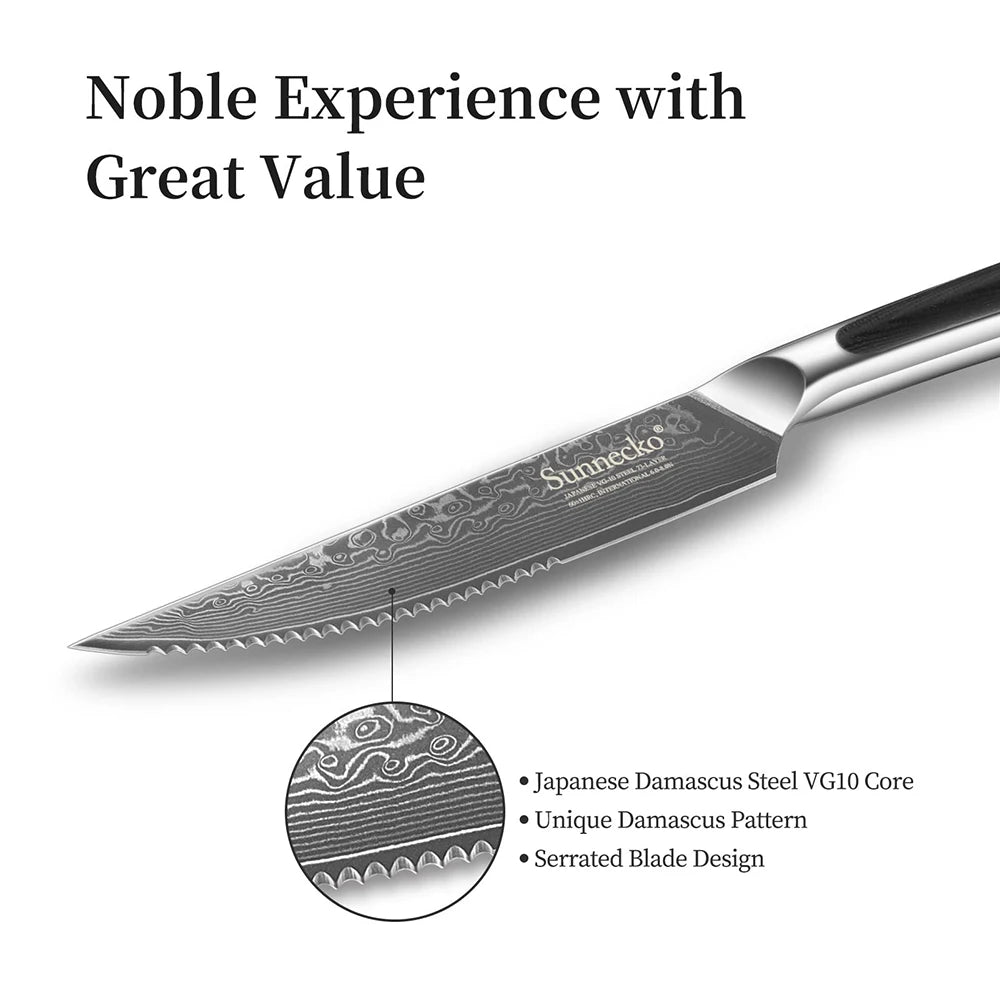 Sunnecko 6-Pc Damascus Steel Steak Knife & Fork Set | VG10 Steak Knife Set Axl