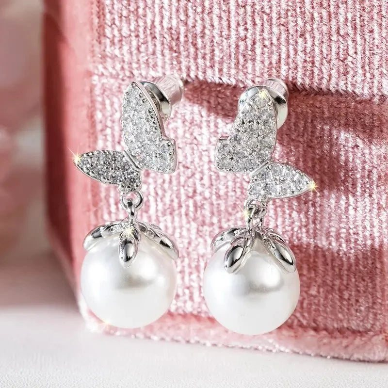 Huitan Butterfly Drop Earrings with Imitation Pearl | Women Drop Earrings Axl E2437