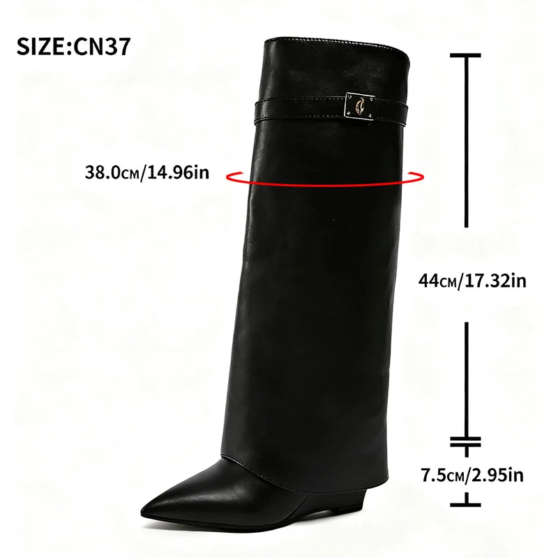 Women's Black Knee High Wedge Boots – Pointed Toe Punk Style Knee High Boots Axl Black 37