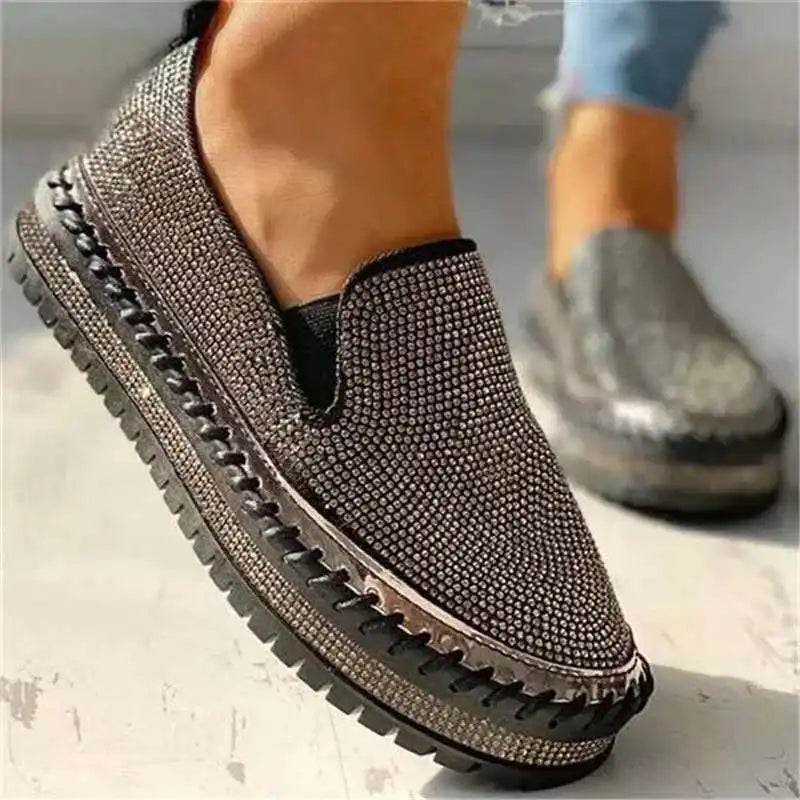 Women's Rhinestone Platform Flat Shoes – Slip-On Casual Style Platform Flat Shoes Axl black 43