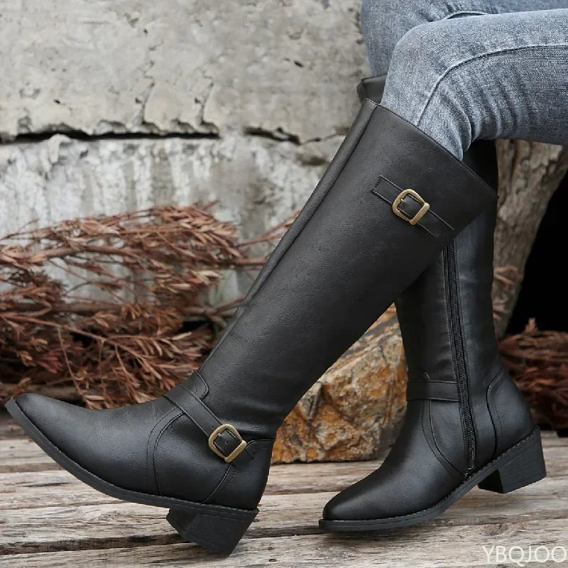Women's Retro Pleated Buckle Knee-High Boots | Thick Heel Knee-High Boots Axl