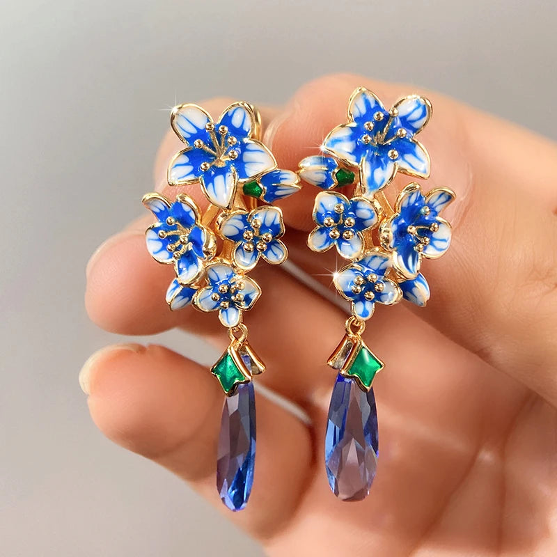 Huitan Blue Morning Glory Drop Earrings – Gold Floral Jewelry Drop Earrings Axl