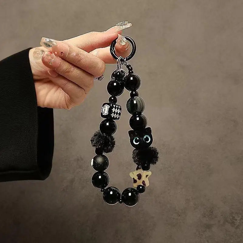 Luxury Black Fluffy Cat Phone Wrist Strap & Beaded Chain Phone Wrist Strap Axl Black
