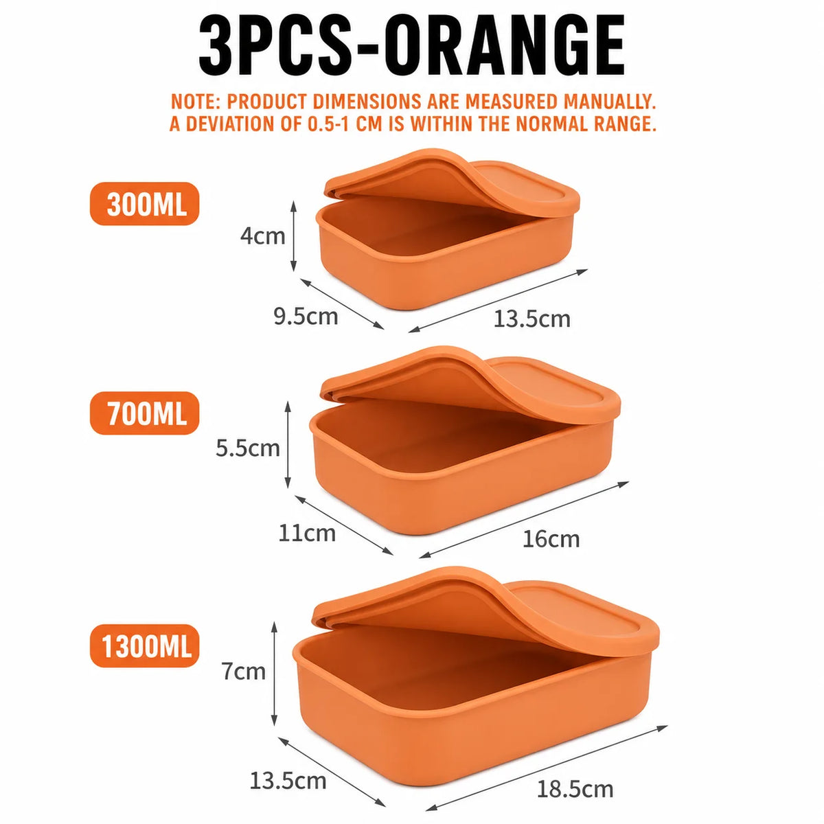 Uwhise 3-Piece Silicone Bento Lunch Box Set | Microwave Safe Silicone Lunch Box Axl 3Pcs-Orange