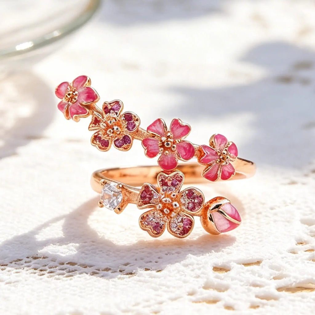 Peach Blossom Crystal Ring – Adjustable Flower Ring for Women Adjustable Flower Ring Axl