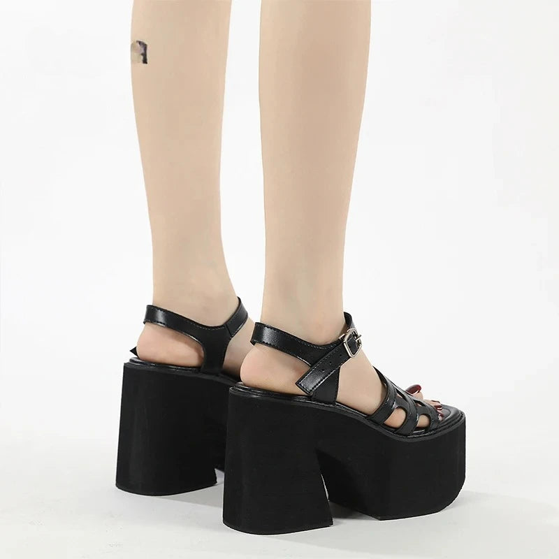 Women's Goth Platform Sandals Chunky Heel Ankle Strap Open Toe Platform Heeled Sandals Axl