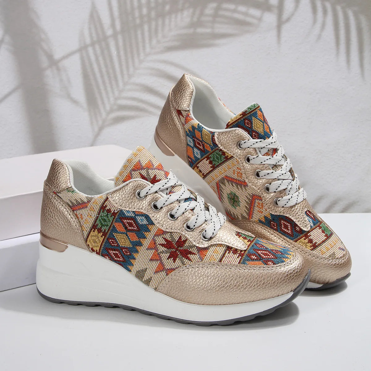 Women's Bohemian Wedge Platform Sneakers – Geometric Pattern Platform Wedge Sneakers Axl Khaki 36