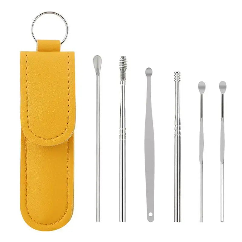 6-Piece Stainless Steel Ear Pick Set with PU Pouch Ear Cleaning Kit Axl D