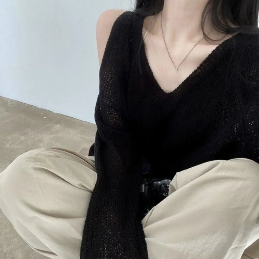 Women's Hollow Knit Crochet Pullover – Loose V-Neck Long Top Knit Pullover Top Axl