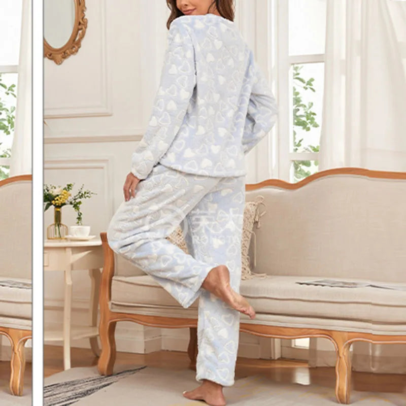 Women's Winter Flannel Pajama Set – Thick Coral Fleece Lounge Flannel Pajama Set Axl