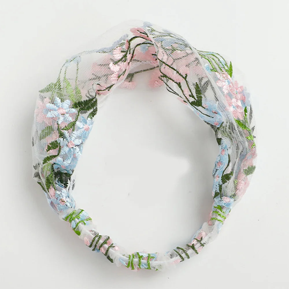 Korean Lace Floral Wide-Brim Turban Headband | Face Wash Hair Band Turban Headband Axl blue
