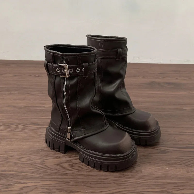 Women's Winter Platform Biker Boots – Belt Buckle Mid-Calf Women's Platform Boots Axl 35 Brown