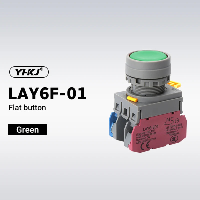LAY6 22mm Push Button Switch – Momentary Self-Locking 1NO1NC Push Button Switch Axl Green 1NO Self-Locking