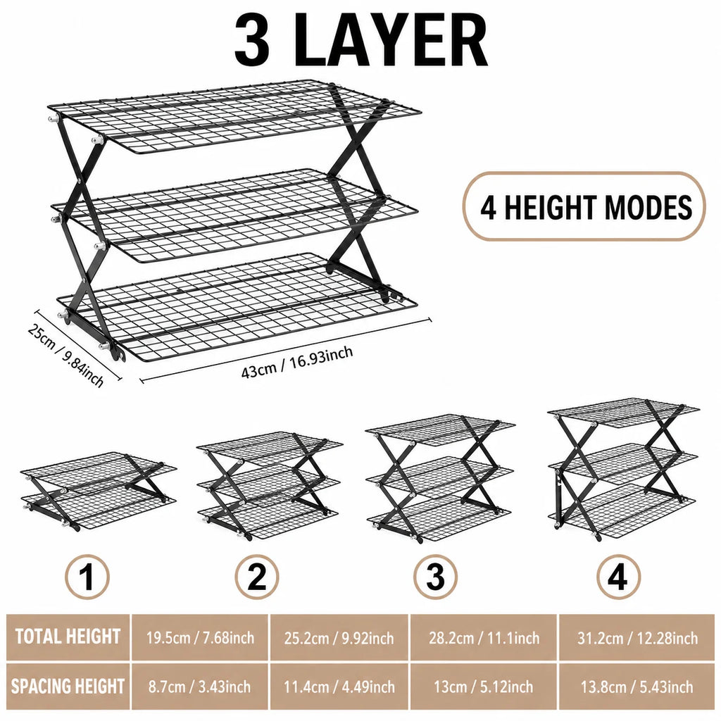 Foldable 2/3/4 Tier Cooling Rack – Stackable Wire Grid Baking Stand Baking Cooling Rack Axl 3 LAYER