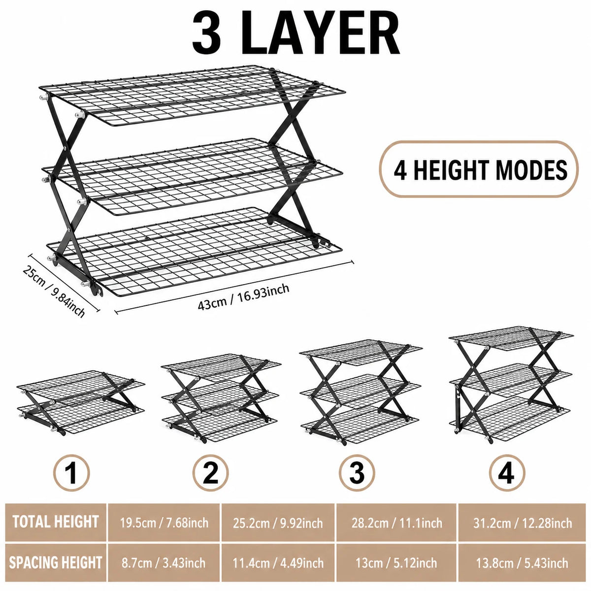Foldable 2/3/4 Tier Cooling Rack – Stackable Wire Grid Baking Stand Baking Cooling Rack Axl 3 LAYER
