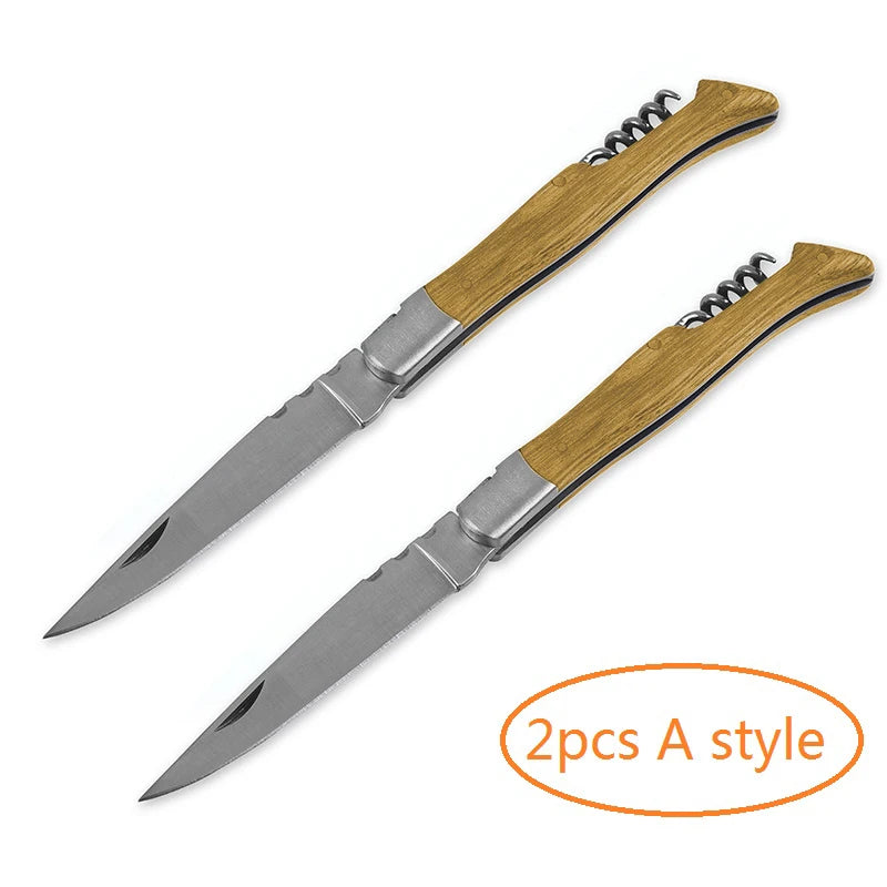 Wood Handle Folding Knife with Corkscrew | Pocket Carry Knife Folding Pocket Knife Axl 2pcs A knife