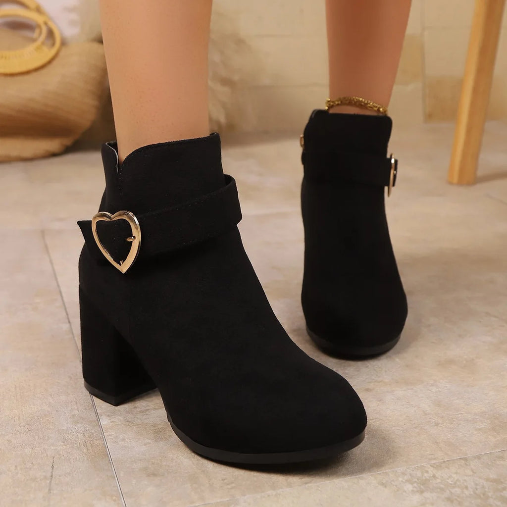 Women's Faux Suede Ankle Boots – Metal Buckle Square Heel Women's Ankle Boots Axl