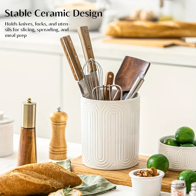 KEMORELA White Ceramic Utensil Holder | Kitchen Countertop Organizer Utensil Holder Axl