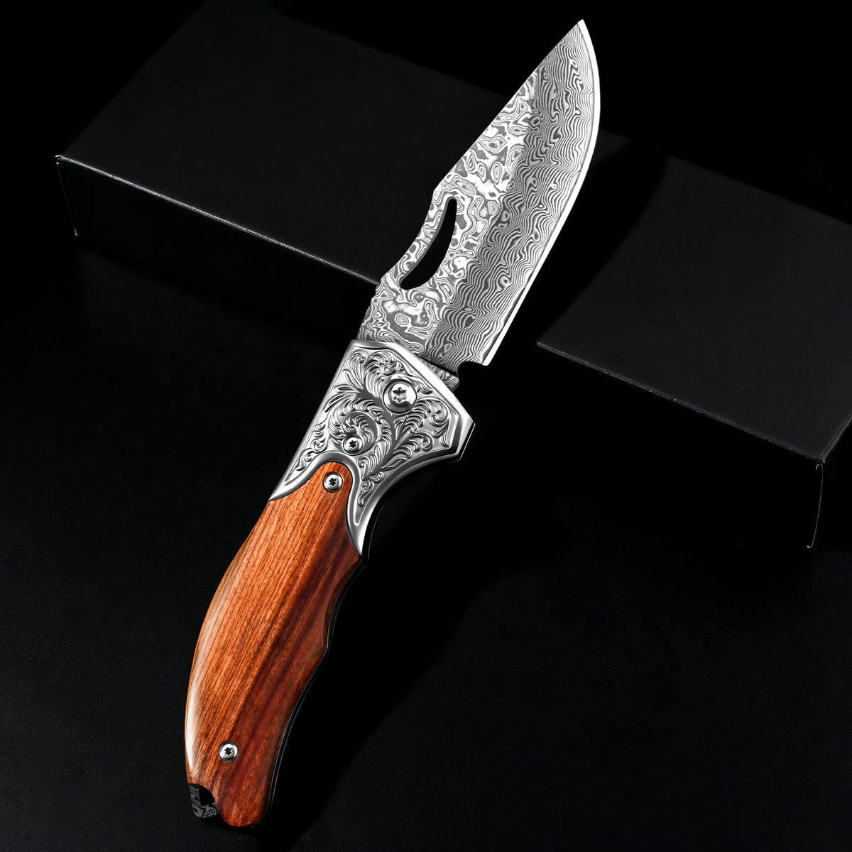 67-Layer Damascus Folding Pocket Knife – Wood Handle EDC Damascus Folding Knife Axl